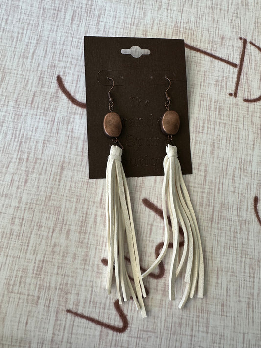 White leather fringe earrings w/brown stone