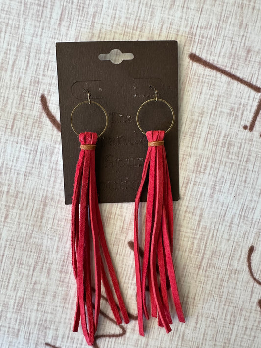 Red fringe earrings with tan wrap
