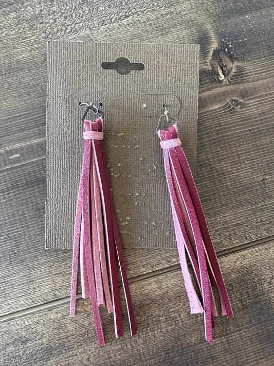 Pink leather fringe earrings