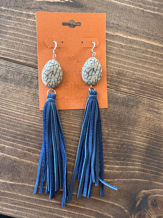 Blue leather fringe earrings