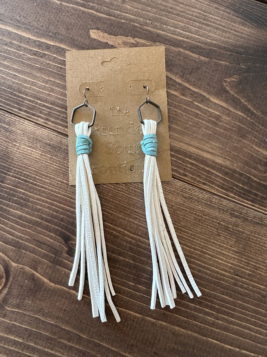 White leather fringe earrings w/light blue wrap