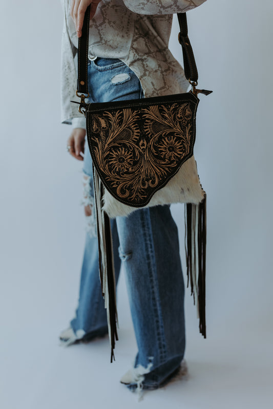 Hand Tooled Leather and Cowhide Concealed Carry Purse