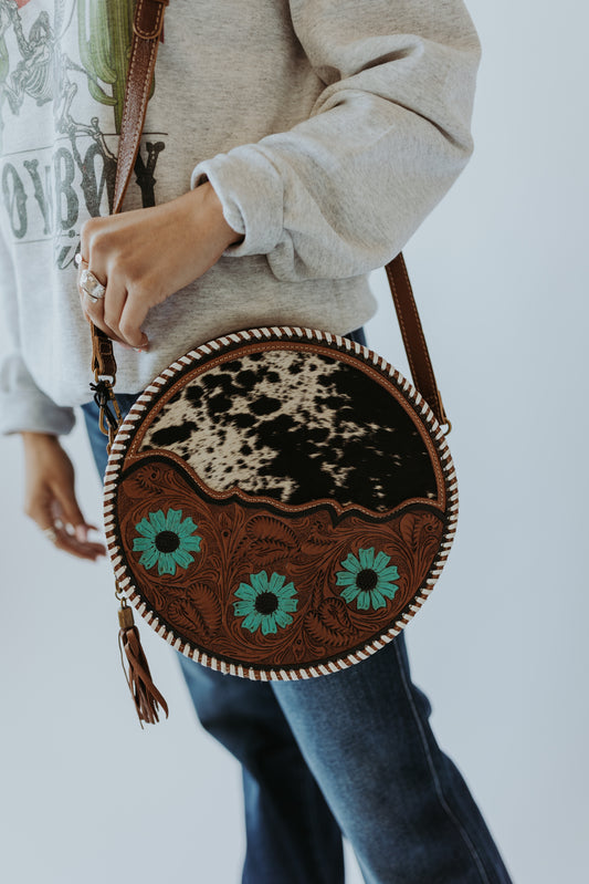 Cowhide and Blue Flower Canteen Purse