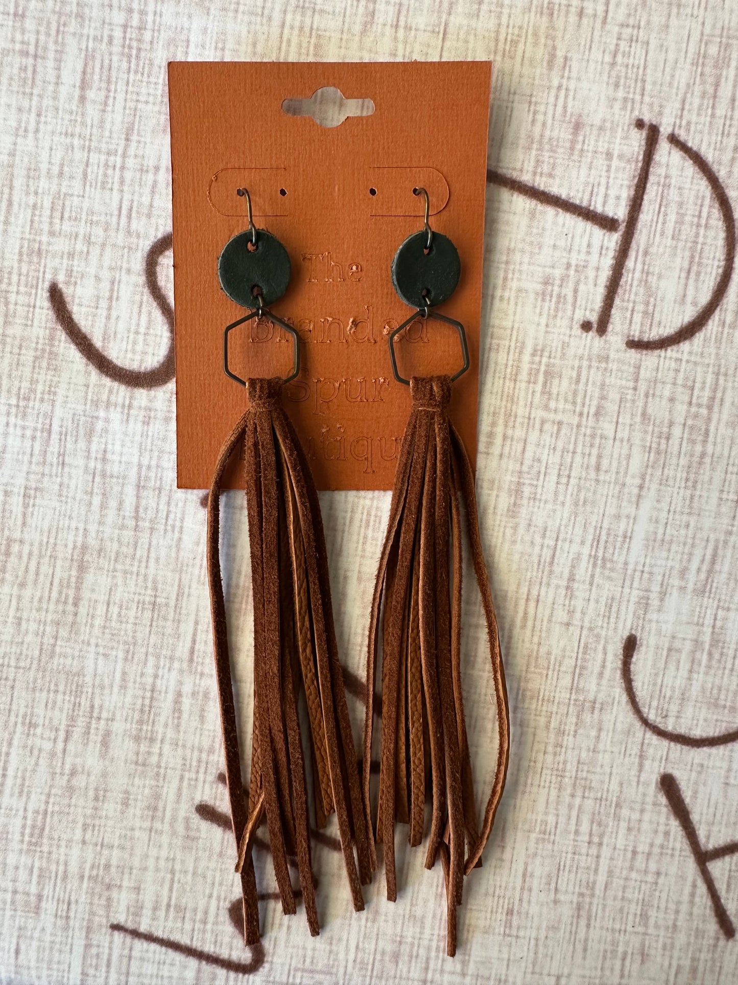 Brown fringe - Green circle earrings