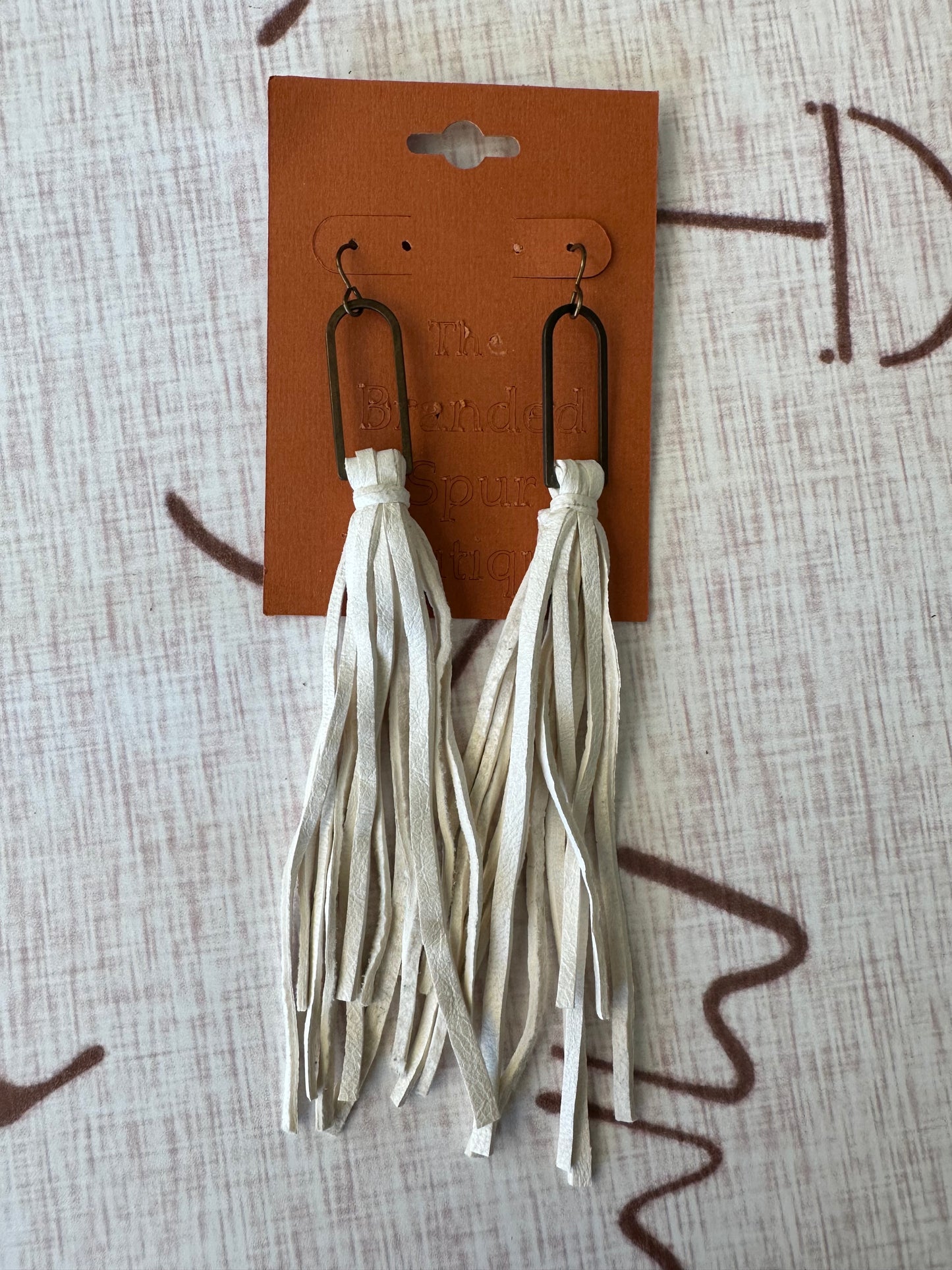 White leather fringe earrings