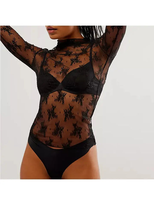 Black Floral Lace Layering Shirt