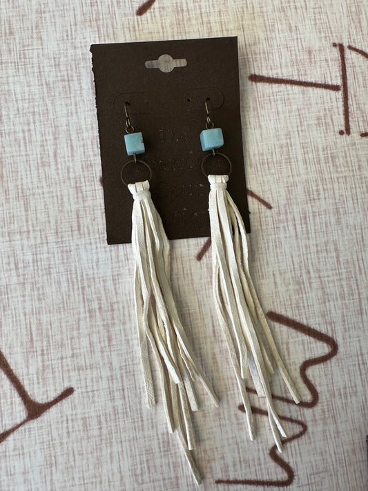 White leather fringe earrings w/blue stone