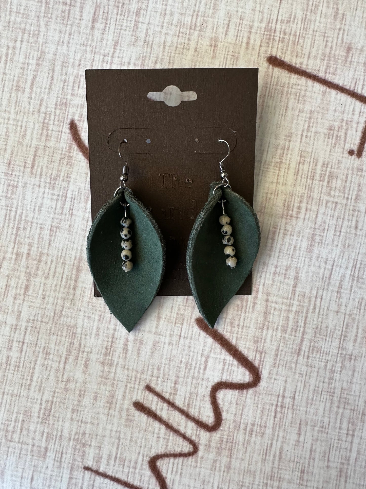 Dark green leather earrings w/beads