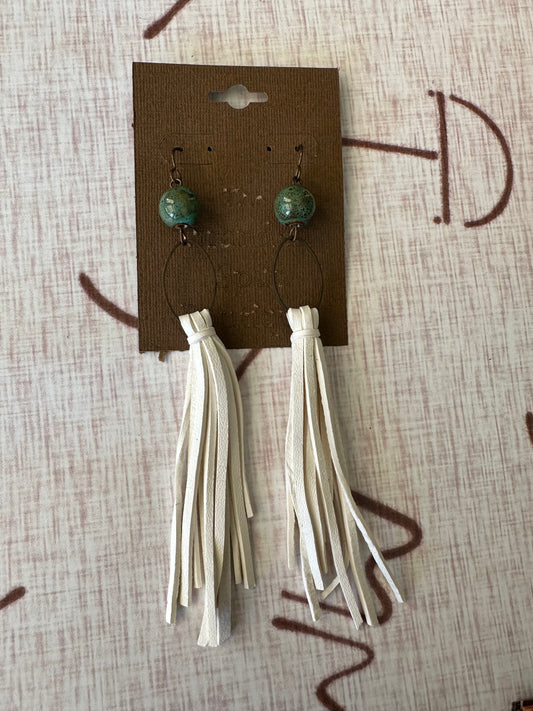 White leather fringe w/green bead