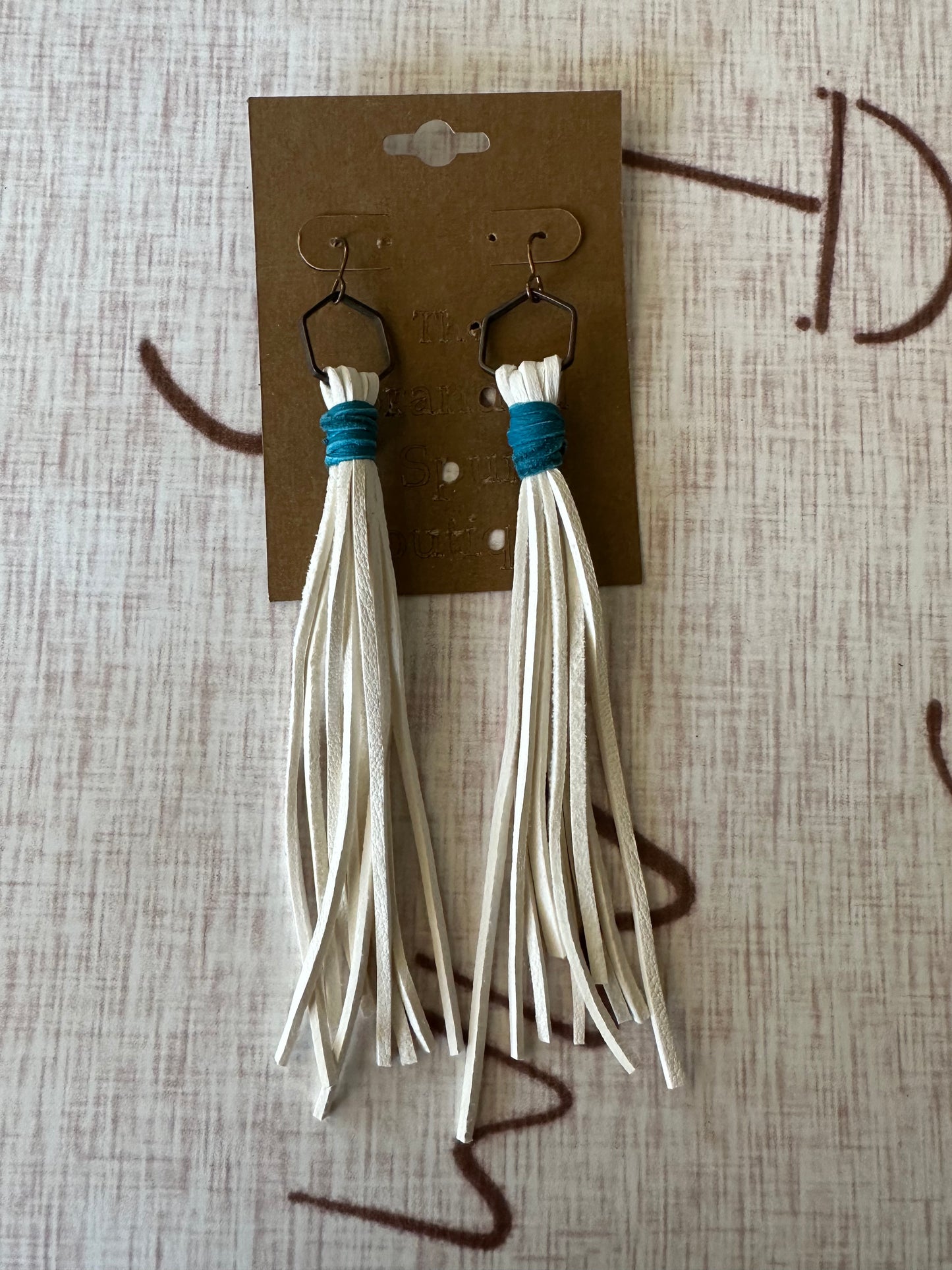 White leather fringe earrings w/teal wrap