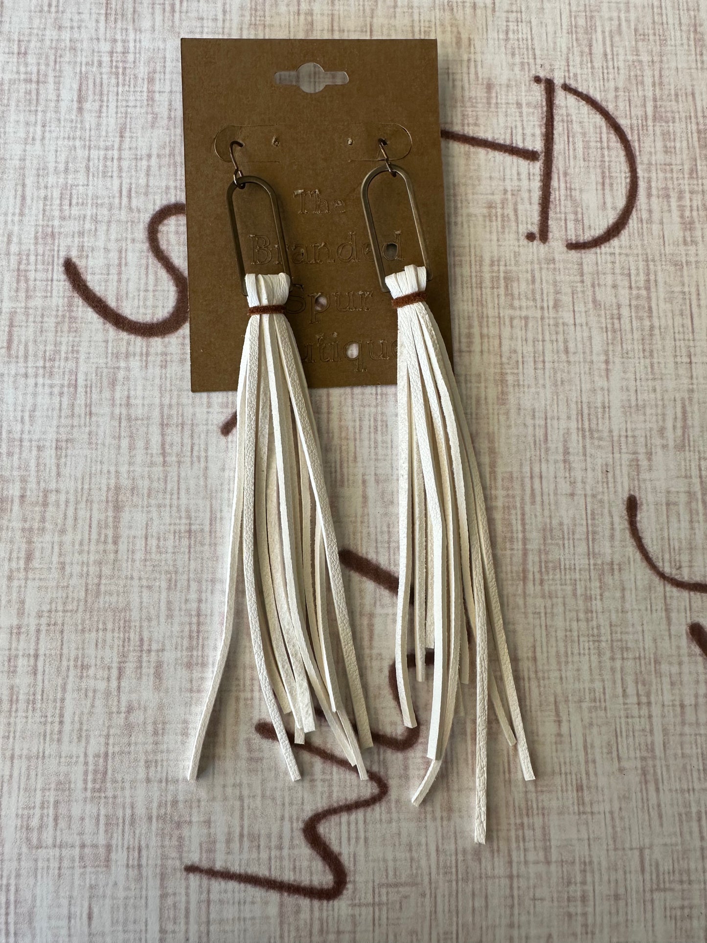 White leather fringe earrings w/brown wrap