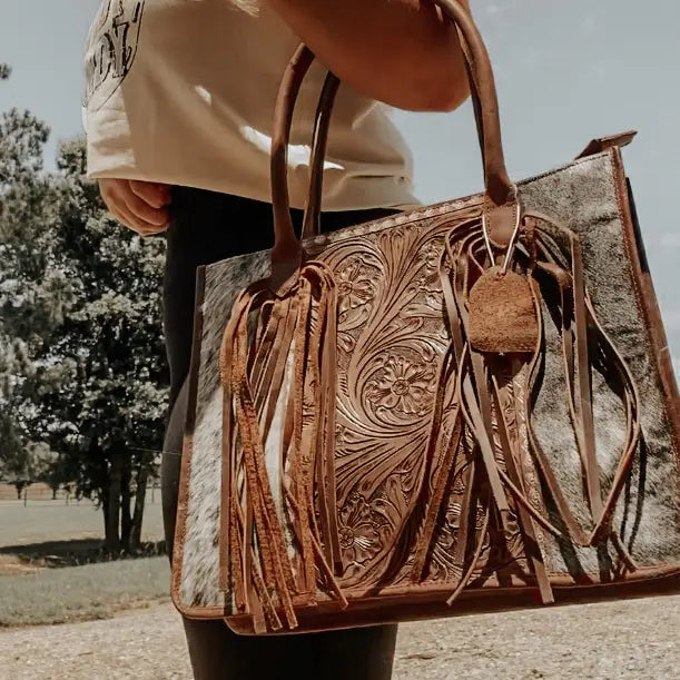 Cowhide and Fringe Tote Purse