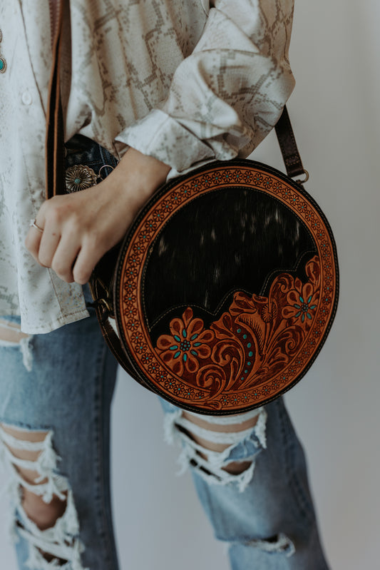 Black Cowhide and Tooled Leather Canteen Purse