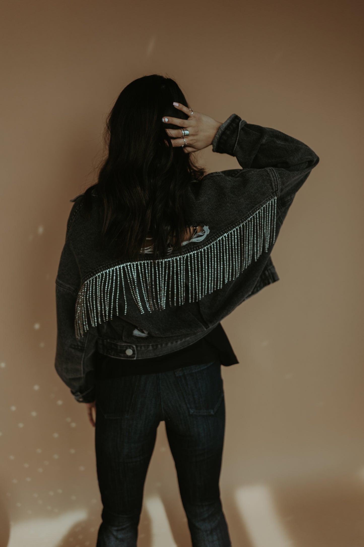 Rhinestone Fringe Distressed Denim Jacket