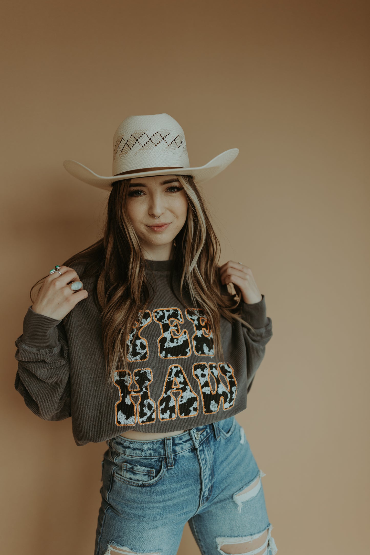 Yee Haw Cow Print Crewneck