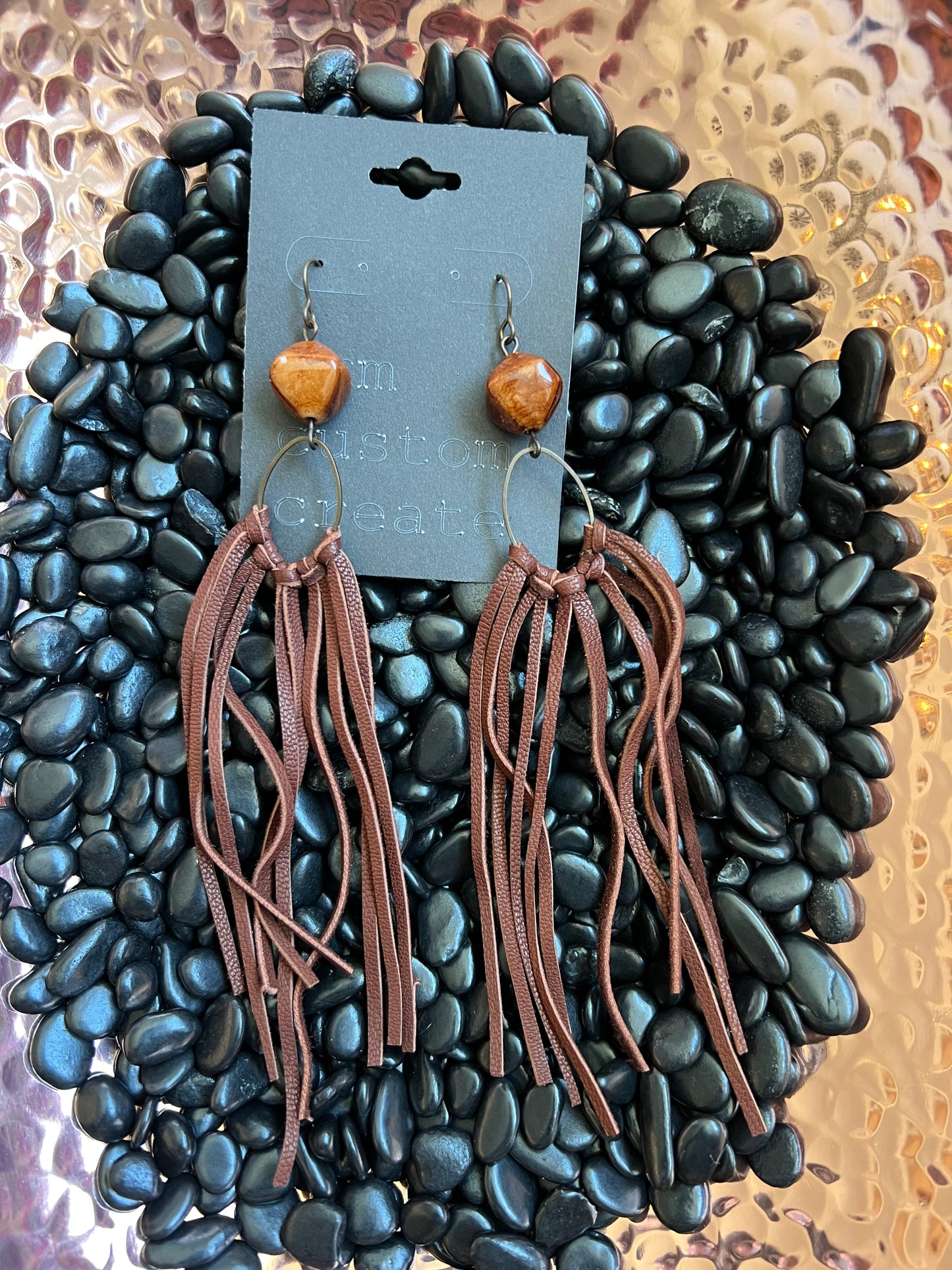 Brown Stone Brown Buckskin Fringe Earrings