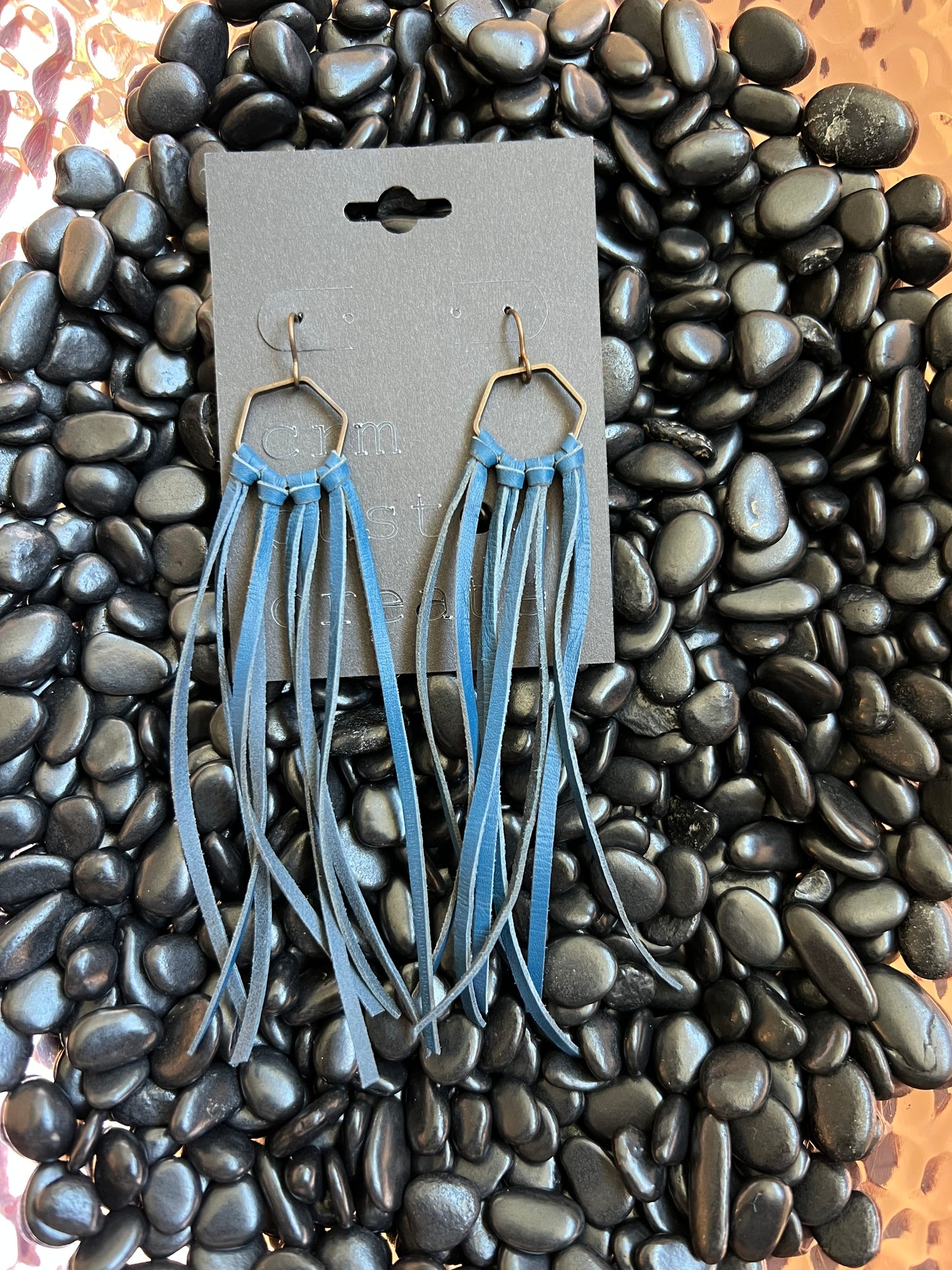 Blue Buckskin Fringe Earrings with Hexagon Piece