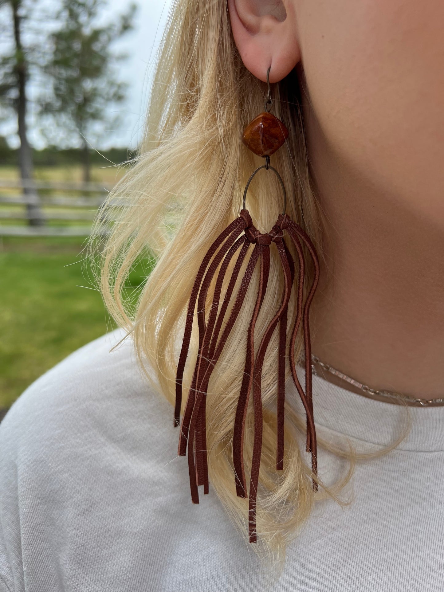 Brown Stone Brown Buckskin Fringe Earrings