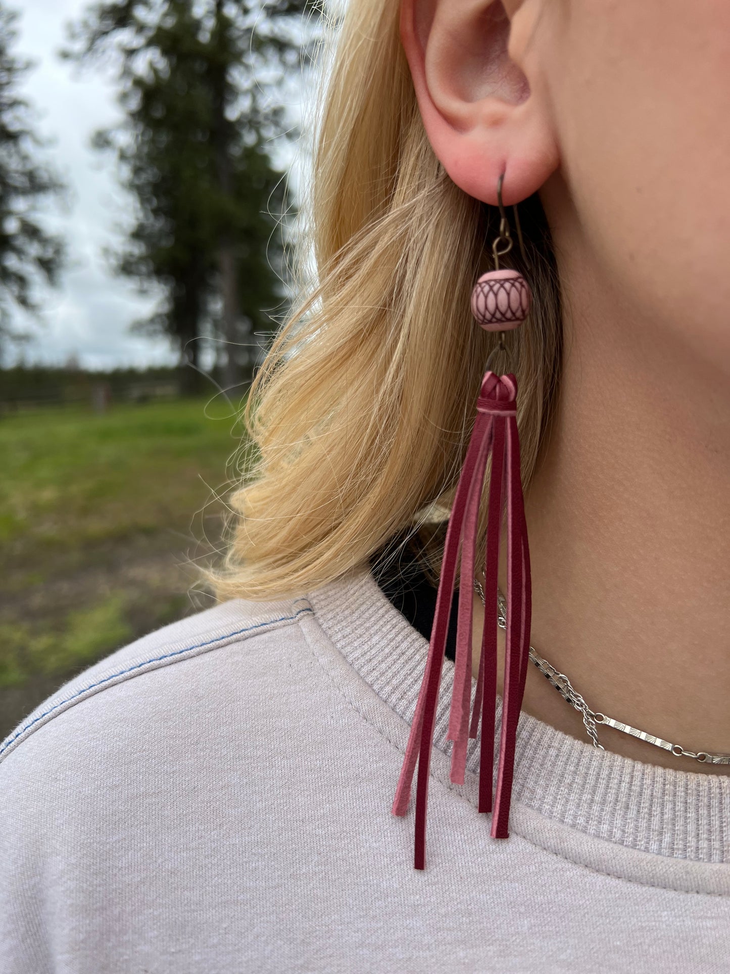 Pink Buckskin Fringe Earrings