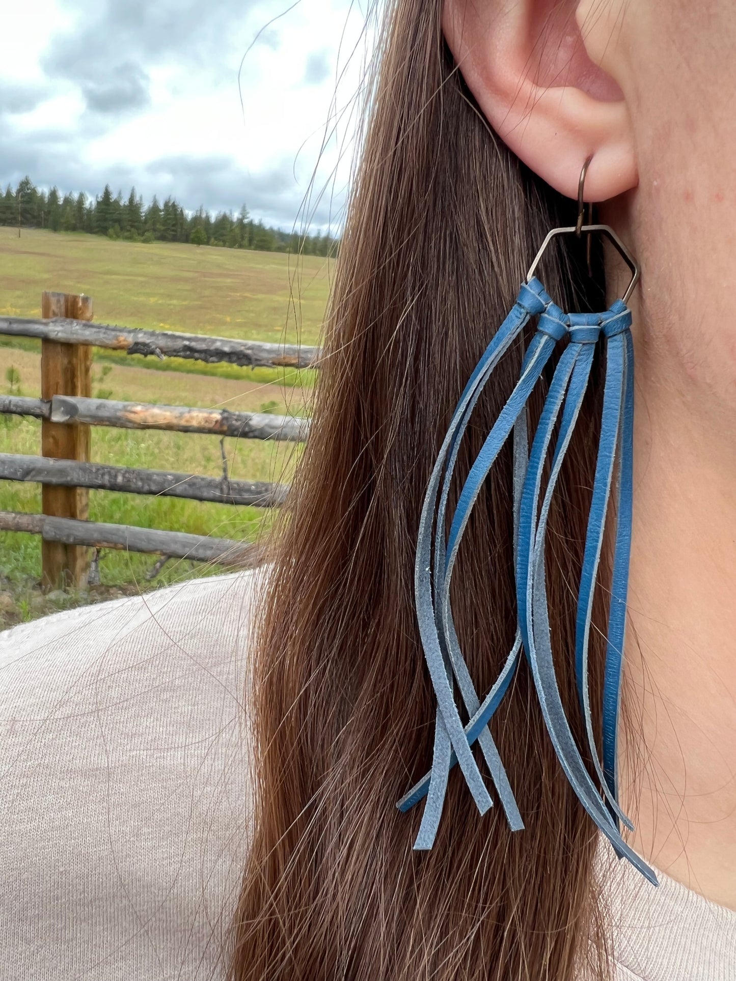 Blue Buckskin Fringe Earrings with Hexagon Piece