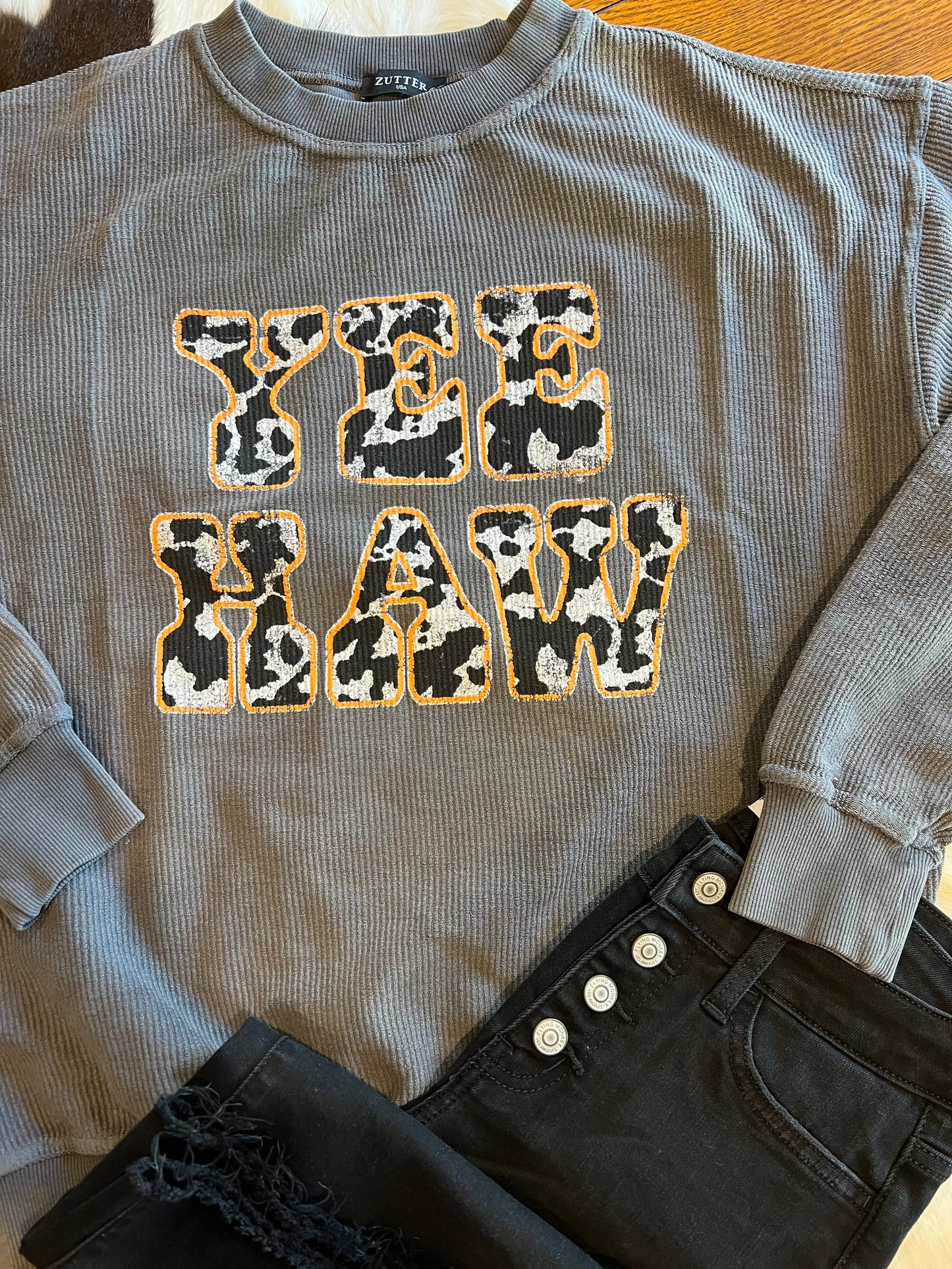 Yee Haw Cow Print Crewneck